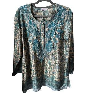 Al Jaber Gallery Boho Silk Hand Embroidered Flowered Tunic/Top Size L Artisan